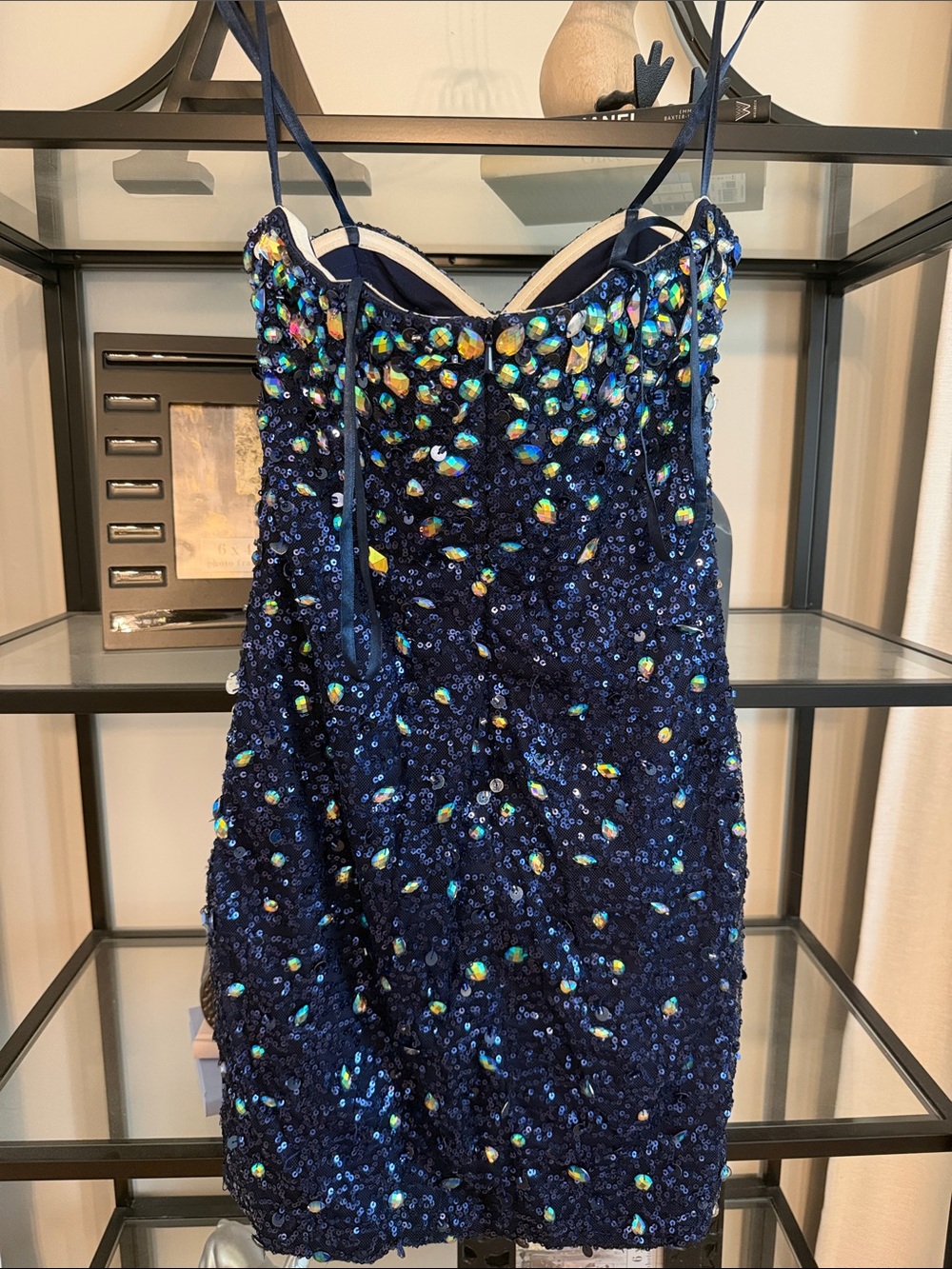 Angela & Alison Navy Blue Sequin Cocktail Dress with Iridescent Embellishments - Picture 3 of 5